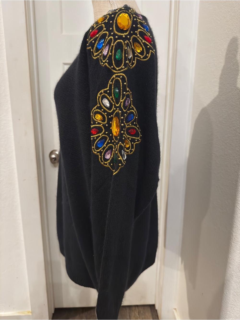 VTG Work In Progress Silk Angora Beaded Jewel Statement Sweater Black Medium